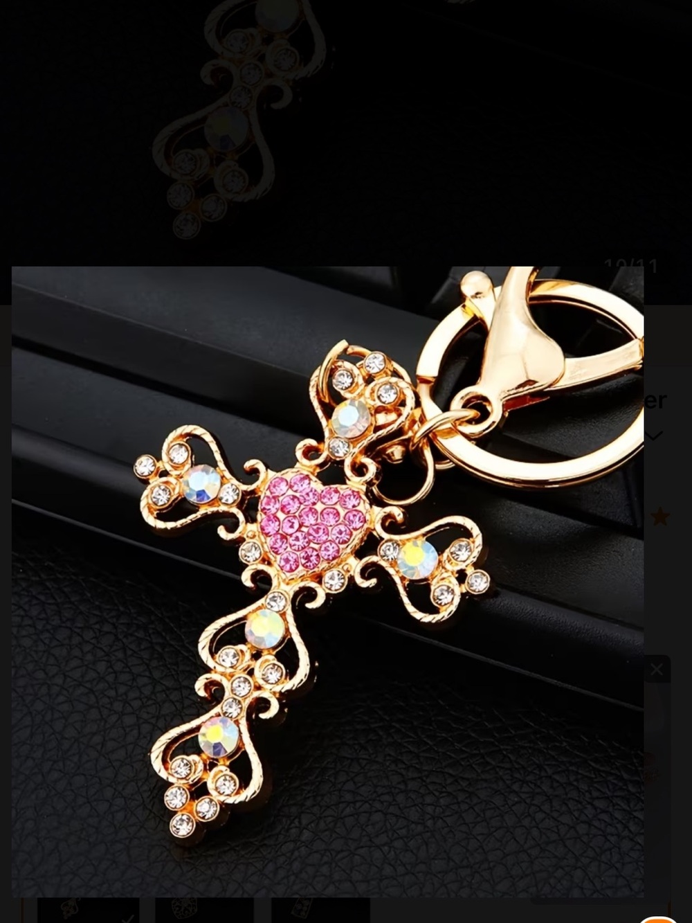 Gold Crystal Cross Keychain with Pink Heart - Picture 3 of 5